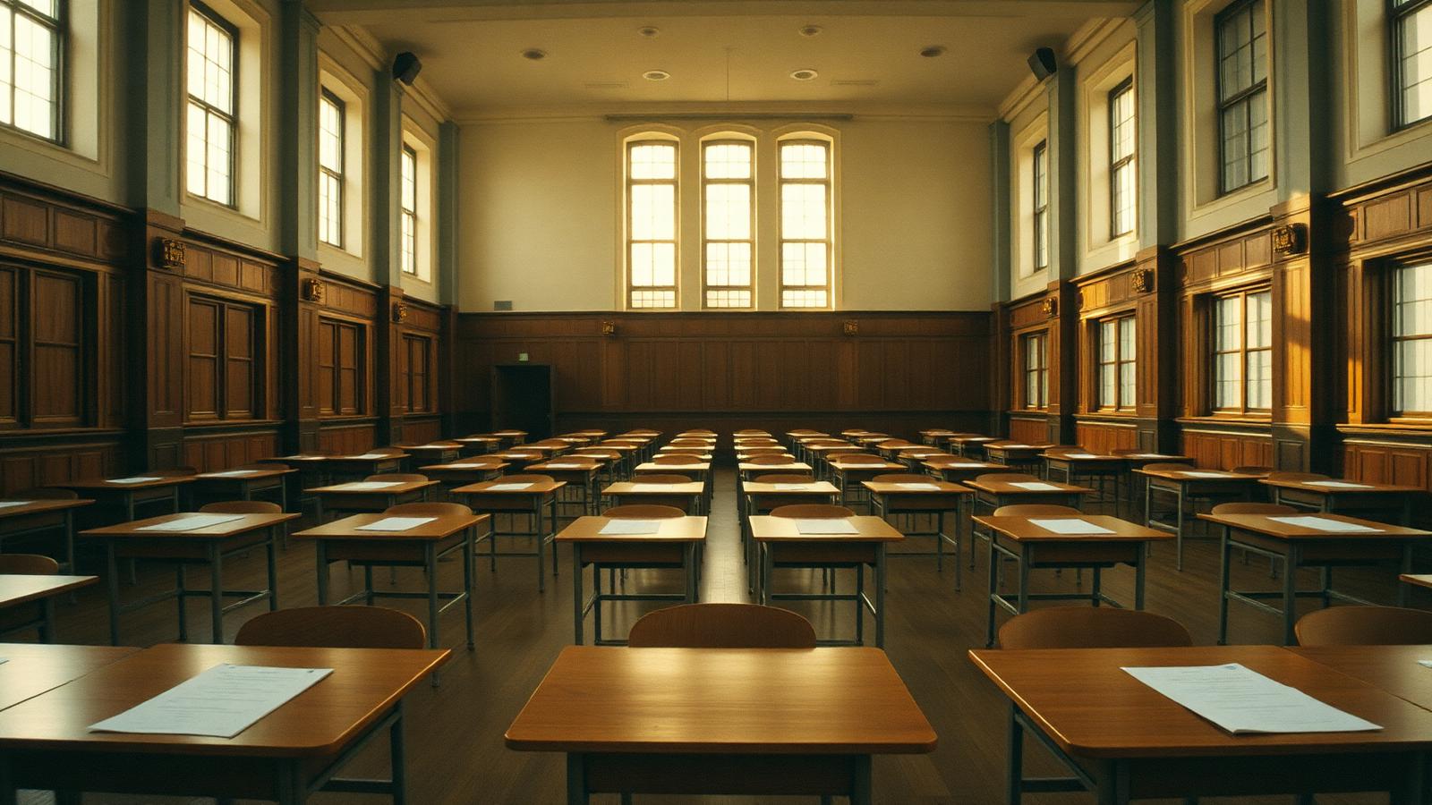 Empty exam hall with rows of answer sheets on wooden desks